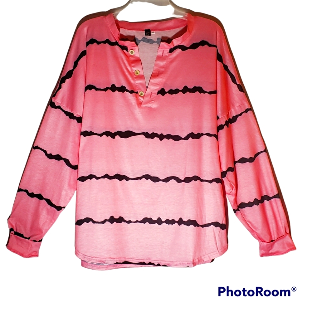 Basico women's plus size 2X black striped pink long sleeves pullover top. 817